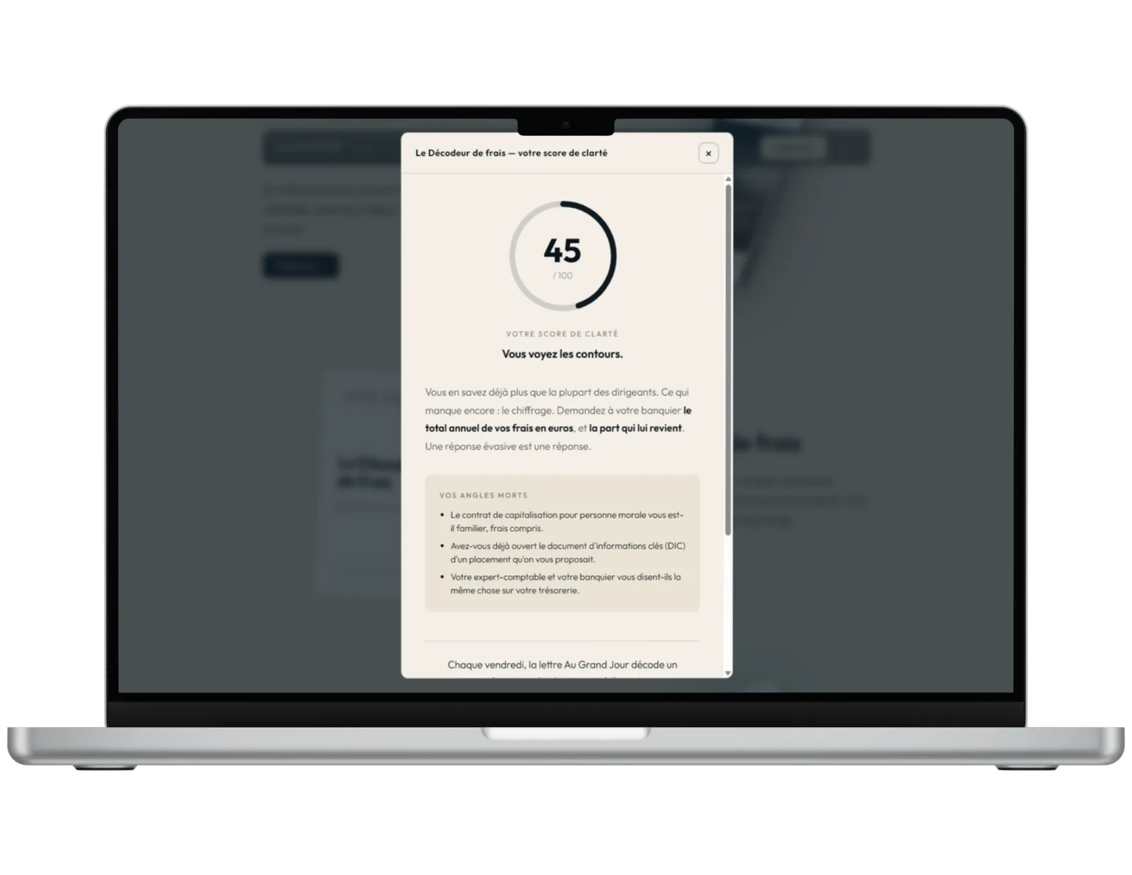Le test du Décodeur de frais affiché sur un ordinateur portable